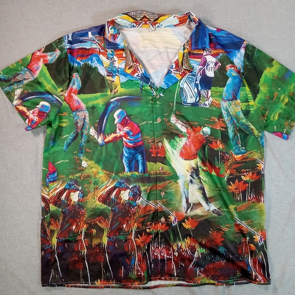 Vintage-Style Golf All Over Print Shirt Mens XL XXL Misslook Button Front Caddy